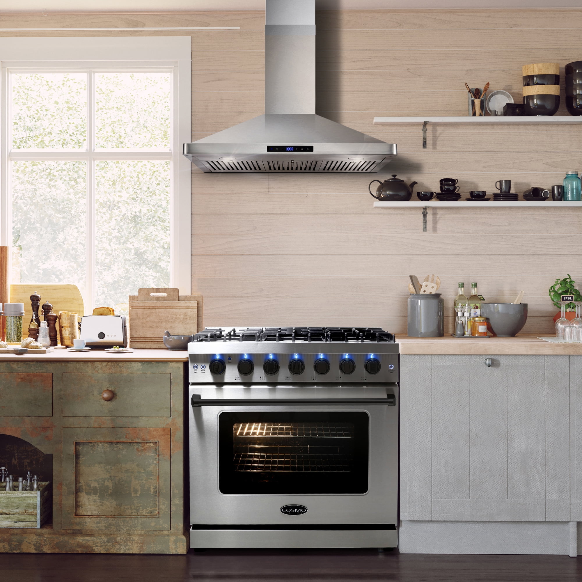 Cosmo 36 in. 6.0 cu. ft. Gas Range, 6 Burners, Convection Oven, Knob LEDs, Stainless Steel, Matte Black Handle Knob Kit