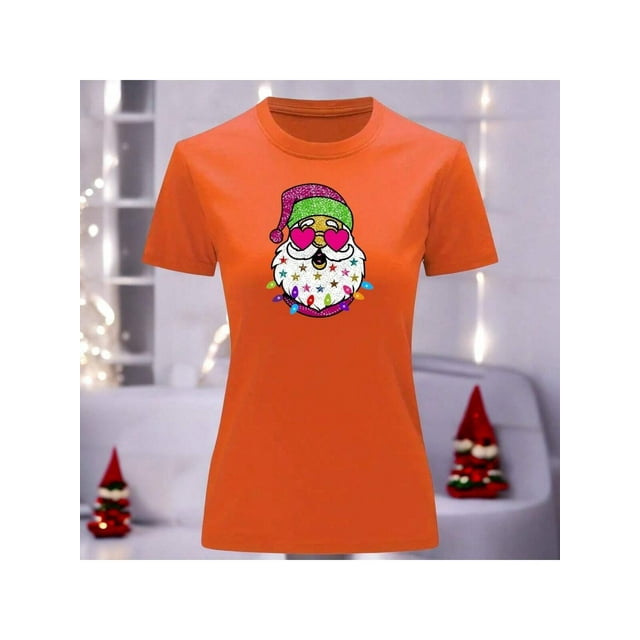 Playera Blusa Con Estampado De Santa Arbolito De Navidad Ropa Para Mujer Color Anaranjado Talla Grande Marca Emil SaEs