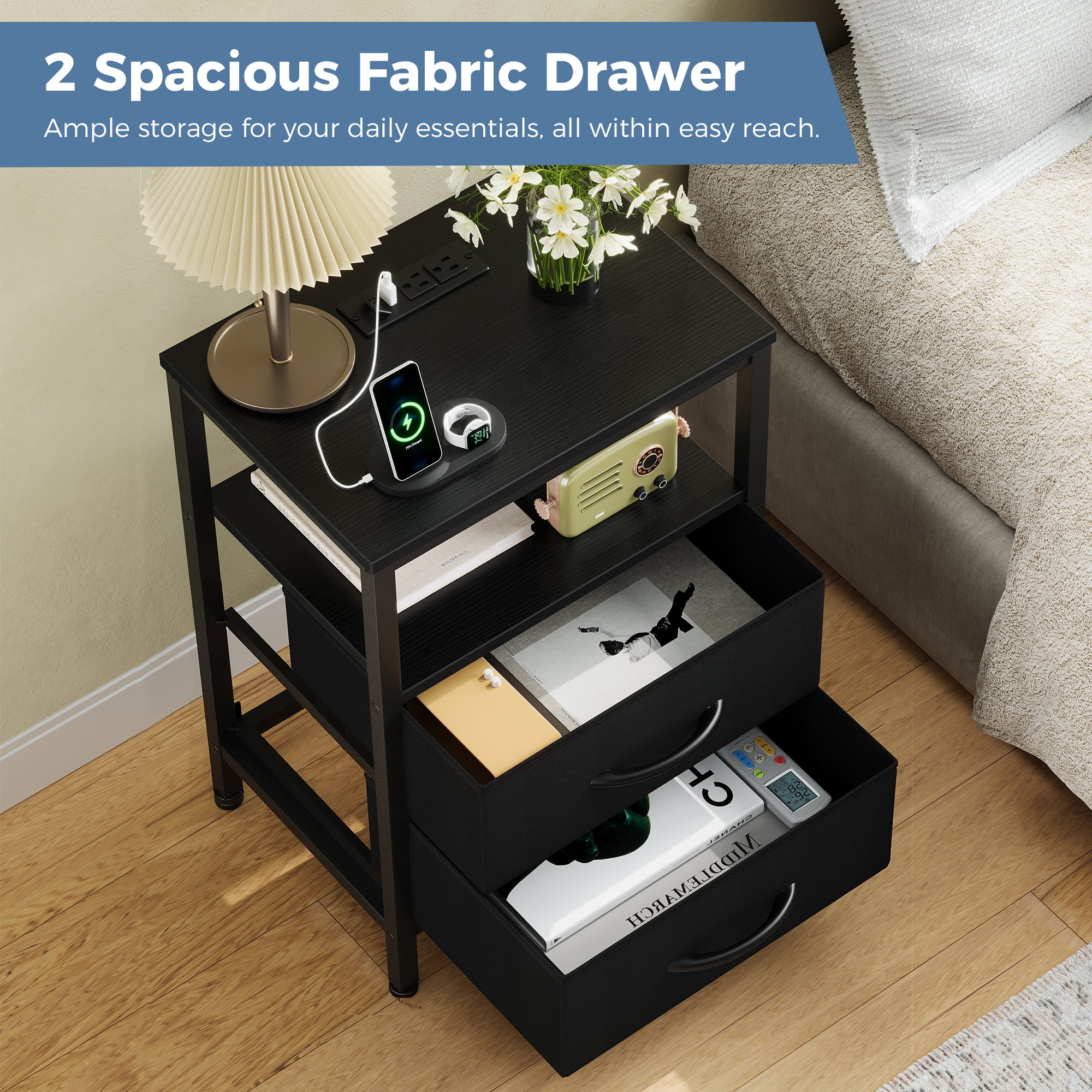 CONCETTA Small Nightstand with Charging Station, 2 Fabric Drawer, End Table with USB Ports and Outlets for Bedroom, Black