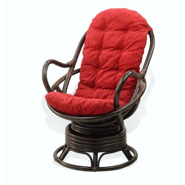 SK New Interiors Java Swivel Rocking Lounge Chair Natural Rattan Wicker w/Burgundy Cushion, Dark Brown