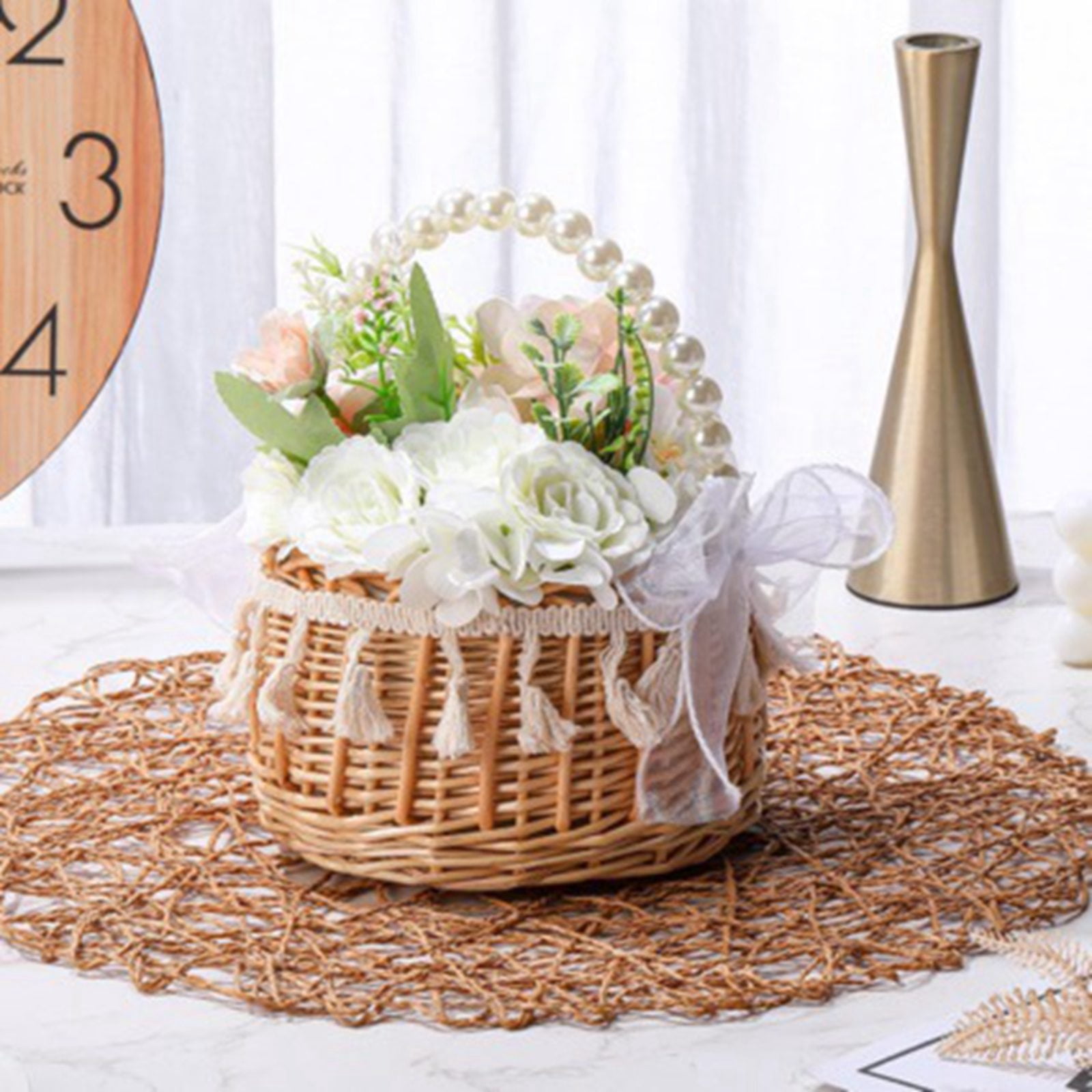 Wicker Rattan Flower Girl Basket Wedding Flower Girl Basket with Pearl Handle and Bow Fairy Flower Basket Handwoven Easter Basket Wicker Basket for Wedding Flower Girl