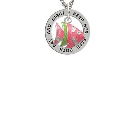 Keeping Tropical Fish - Hot Pink Tropical Fish with Lime Green Stripe Keep Her Safe Both Day And Night Affirmation Ring Necklace