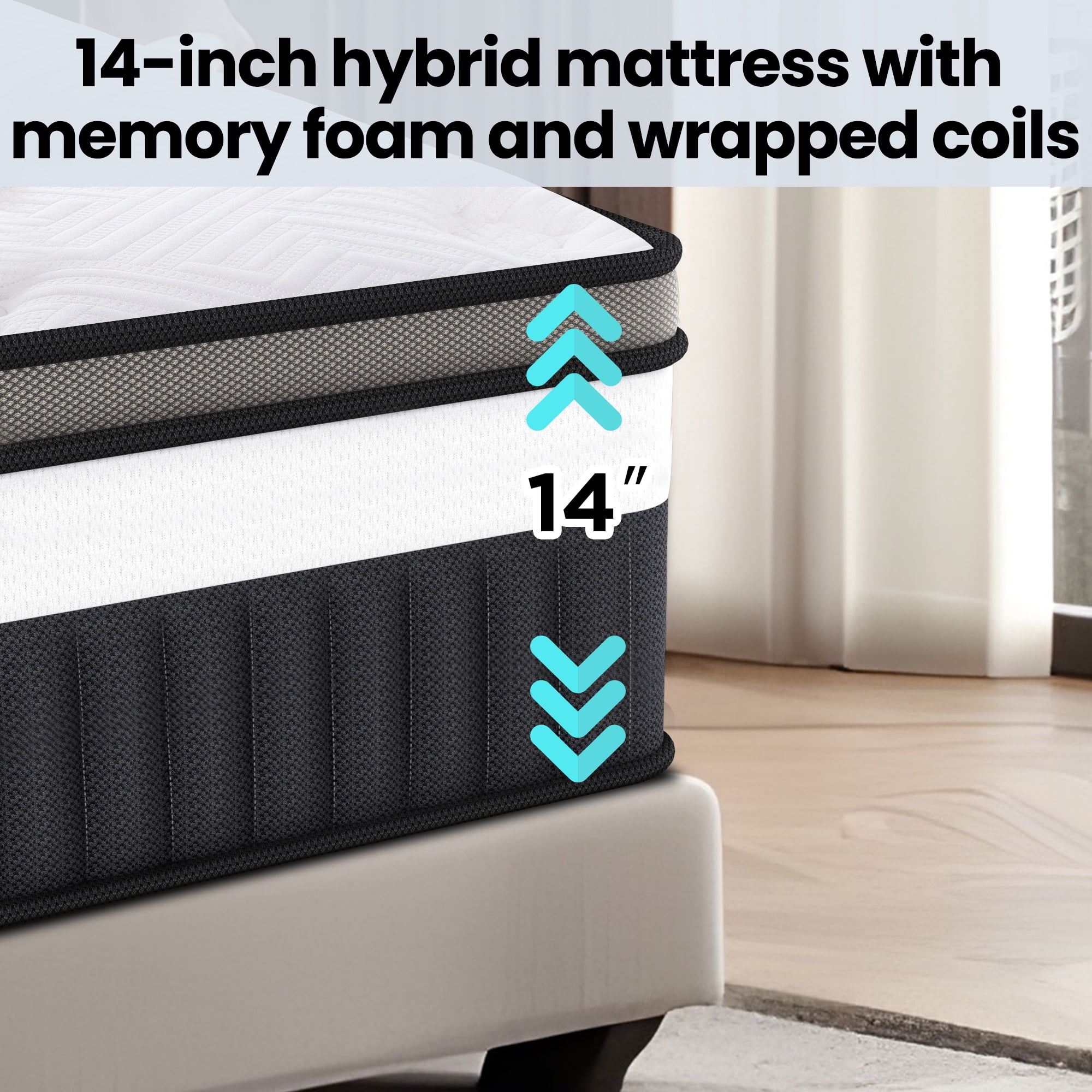14In Queen Mattress In a Box, Breathable Mattress w/ Gel Memory Foam & Pocket Spring for Motion Isolation, Anti-pilling & Flame Retardant, Medium Firm, Pressure Relief, CertiPUR-US