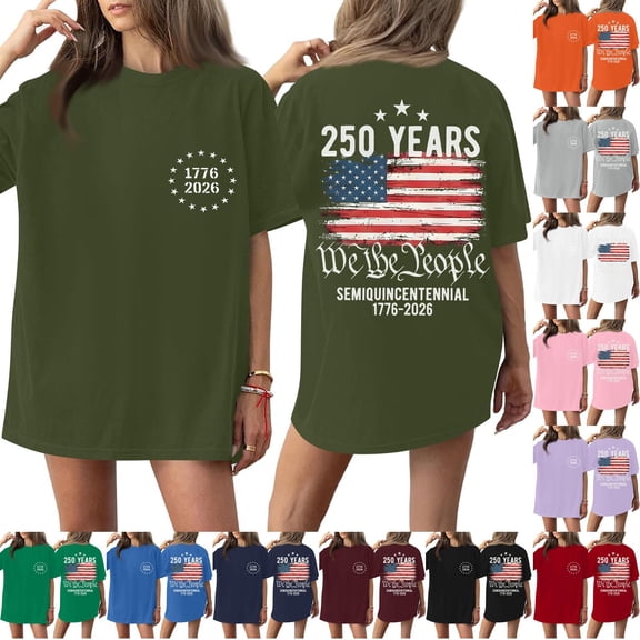 We the People 250th Anniversary USA Printed Womens Shirts, 1776-2026 250 Years Short Sleeves CrewNeck Graphic Tees for Womens, Womens Tops for 4th of July Independent Day Summer Army Green L
