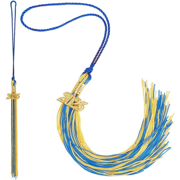 2Pcs Blue Yellow Graduation Tassel 2025 Tassels for Bachelor Caps with Golden Year Charm Grad Tasseled Decor Academic Ceremony Graduations Party Memory Gift Fringed Accessory Car Decoration