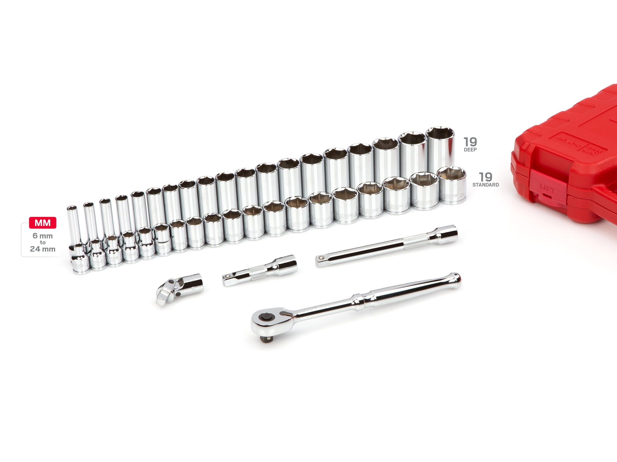 TEKTON 3/8 Inch Drive Shallow and Deep 6-Point Socket and Ratchet Set with Case, 42-Piece (6 - 24 mm) | SKT15201