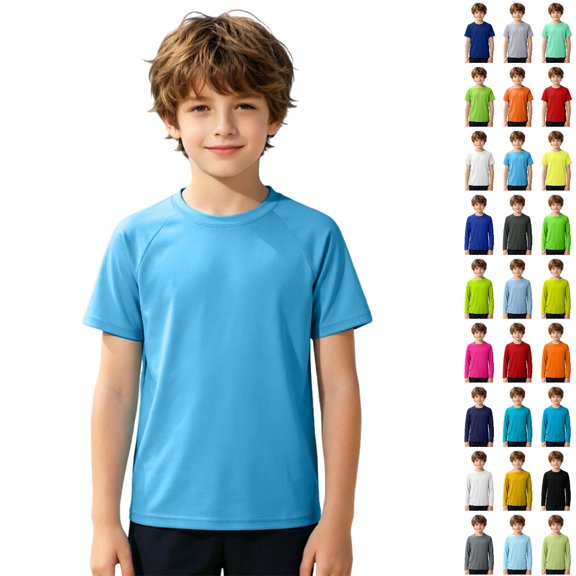 UJNDER Swim Top Summer Long Sleeve Rash Guard Solid Color Beach Sun Protection Shirt for Boys Short Sleeve Swim Top for Kids 4-14Y 02_Sky Blue,5-6 Years