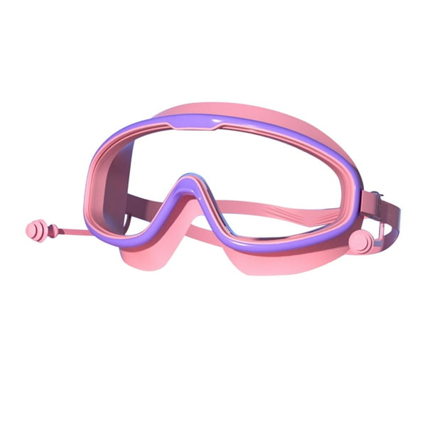 Gafas de natación para niños, gafas de natación con tapones para los oídos, vista amplia, sin fugas, gafas de natación para deportes acuáticos, buceo rosa morado