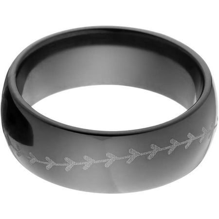 8mm Half-Round Black Zirconium Ring with Baseball Lasered Stitching Around the Ring