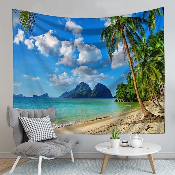 Tapiz de playa oceánica, 90 x 75 cm, isla tropical, palmera, olas, tapiz extra grande, verano, Hawaii, paraíso, paisaje, colgante de pared, hippie, bohemio, arte de pared para sala de estar, dorm