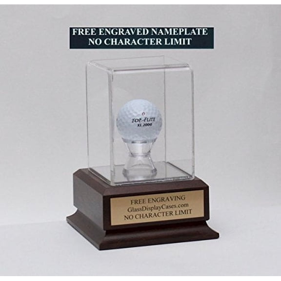 Golf Ball Personalized Hole in One - Eagle - Best Round - Game Acrylic Display Case with Cherry Finish Wood Platform Base & Free Engraving