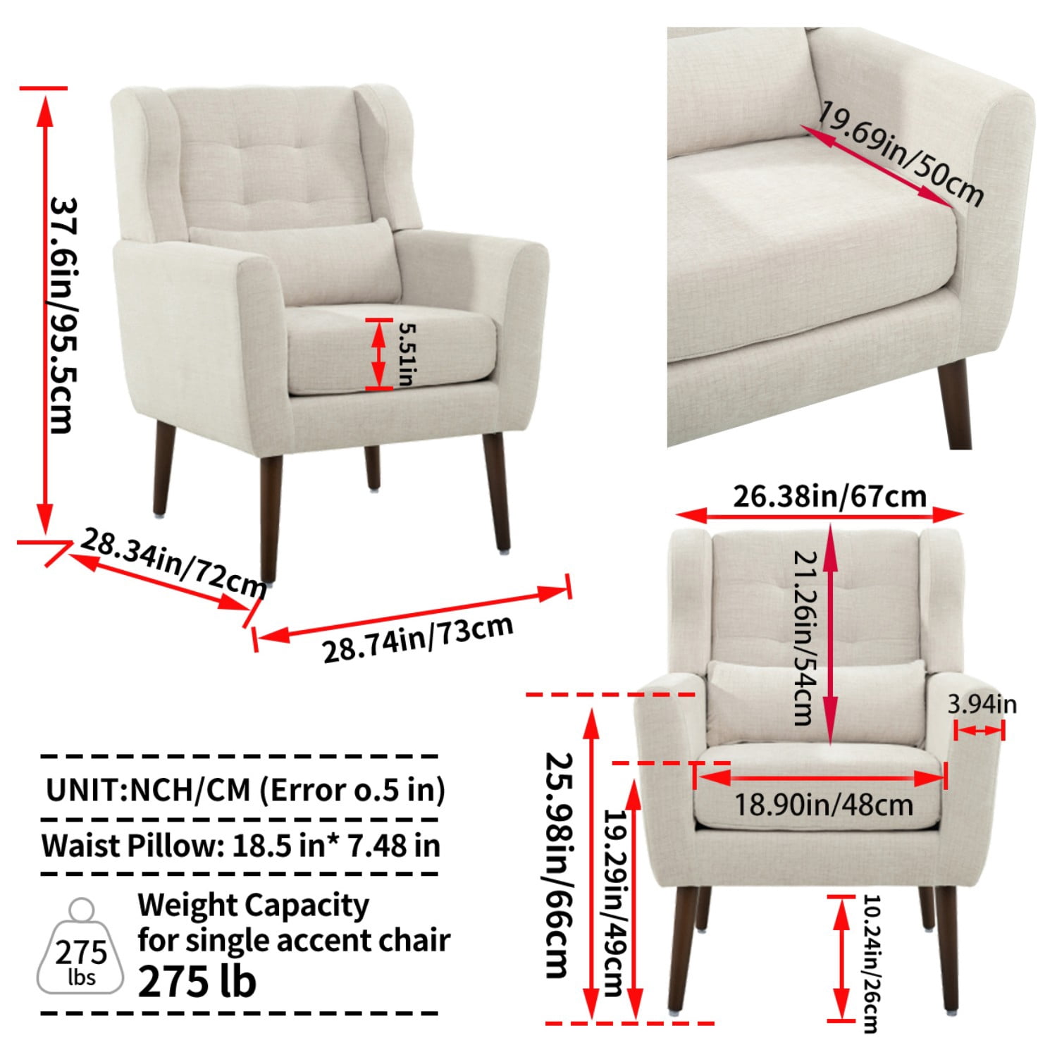 Modern Chenille Accent Chair with Pillow, Upholstered Armchair with Solid Wood Legs, Ergonomic Lounge Chair for Living Room, Bedroom, Reading Room, Small Space, Beige