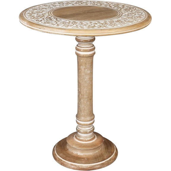 Homebia Designs Hand Carved Solid Mango Wood Round Piller Accent Table 18x22 inch, Rustic Nightstand for Living Room, Bedroom & Entryway - White Wash