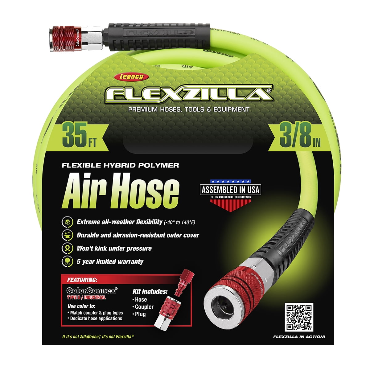 Flexzilla Air Hose Kit, 3-Pc, 3/8" x 35', with ColorConnex Coupler and Plug