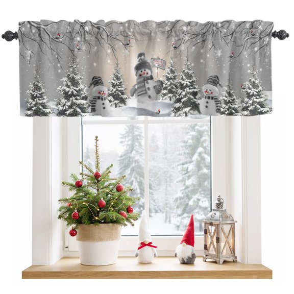 Window Valance for Kitchen, Christmas Gray Snowmen Rod Pocket Curtain Valances Short Curtains, Winter Snowflakes Xmas Tree Window Treatment Topper for Living Room Bathroom Bedroom 42x12in