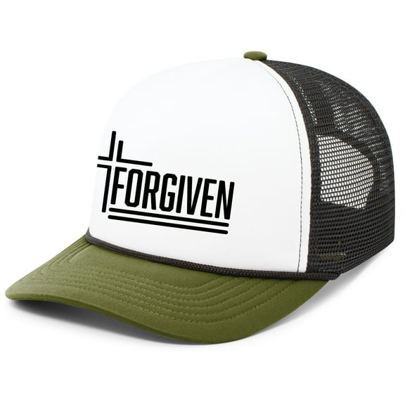Forgiven Cross Christian Mens Hat Embroidered Foam Front Mesh Rope Back Trucker Baseball Cap, White/Black/Moss