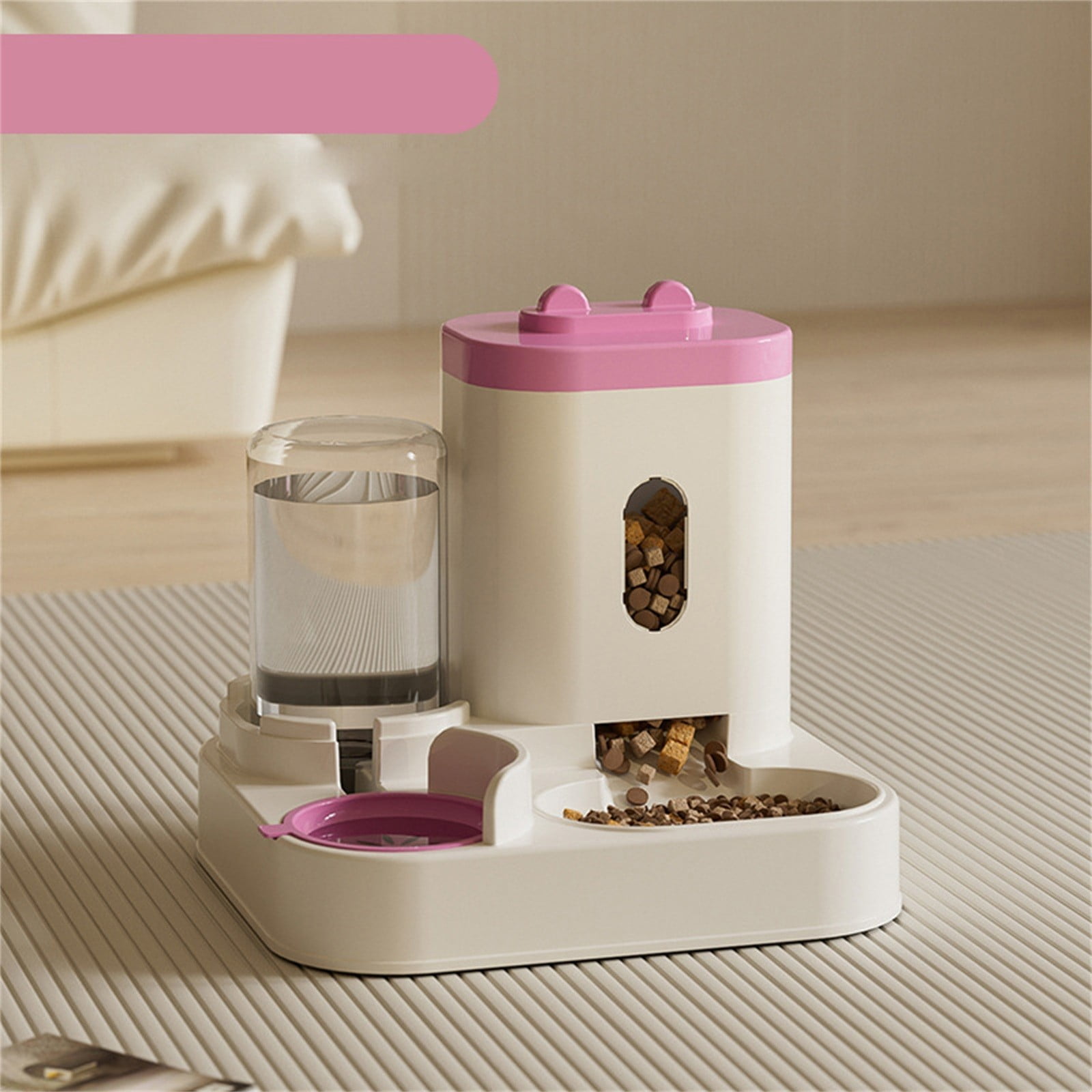 Automatic Pet Feeder and Water Dispenser for Cats Dogs - Pink 2-in-1 Auto Feeding & Watering Station with Visible Tank, Easy to Clean - Universal Pet Bowl Set for Indoor Pets, Kittens, Puppies