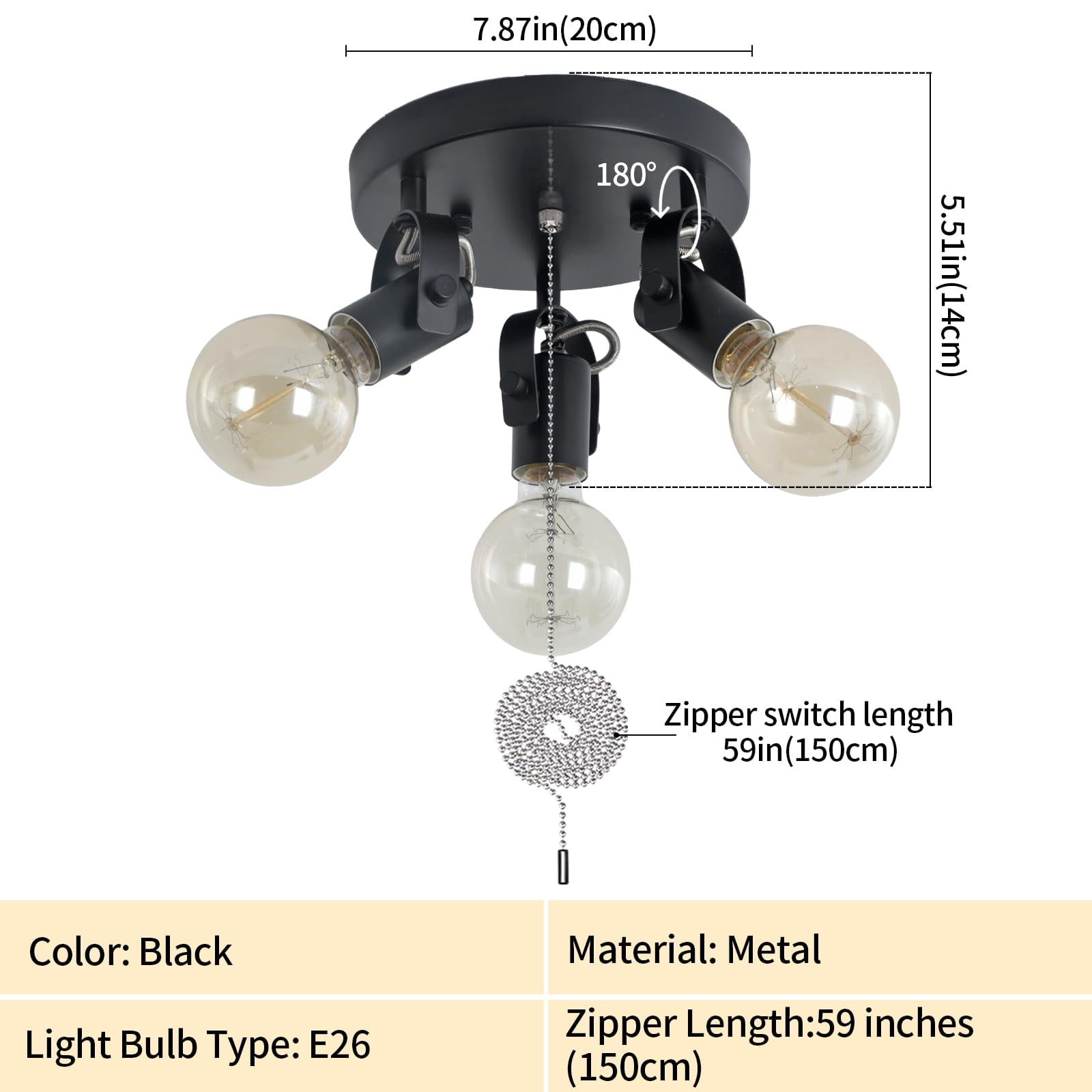 KEESFU 3-Light Industrial Flush Mount Ceiling Light, Black Fixture with Rotatable Heads and Pull Chain Switch for Bedroom Kitchen Hallway