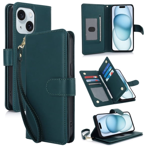 For iPhone 15 6.1" Wallet Case Leather Magnetic Flip Cover with Card Slots, RFID Blocking, Kickstand, Anti-Drop TPU & Detachable Wrist Strap,Green,For iPhone 15