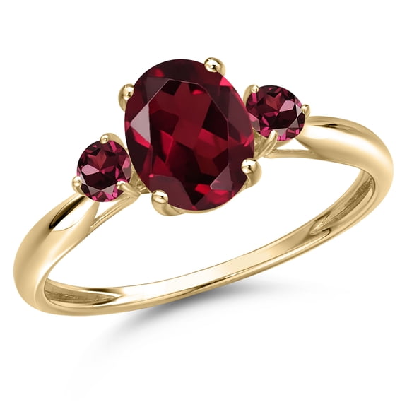 Gem Stone King 10K Yellow Gold Red Rhodolite Garnet 3-Stone Ring for Women | 1.59 Cttw | Oval 8X6MM | Gemstone January Birthstone | Size 8