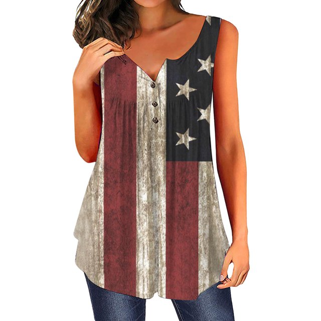 DPTALR Women Printing O-Neck Button Sleeveless Vest Short Tank T-Shirt Blouse Tops