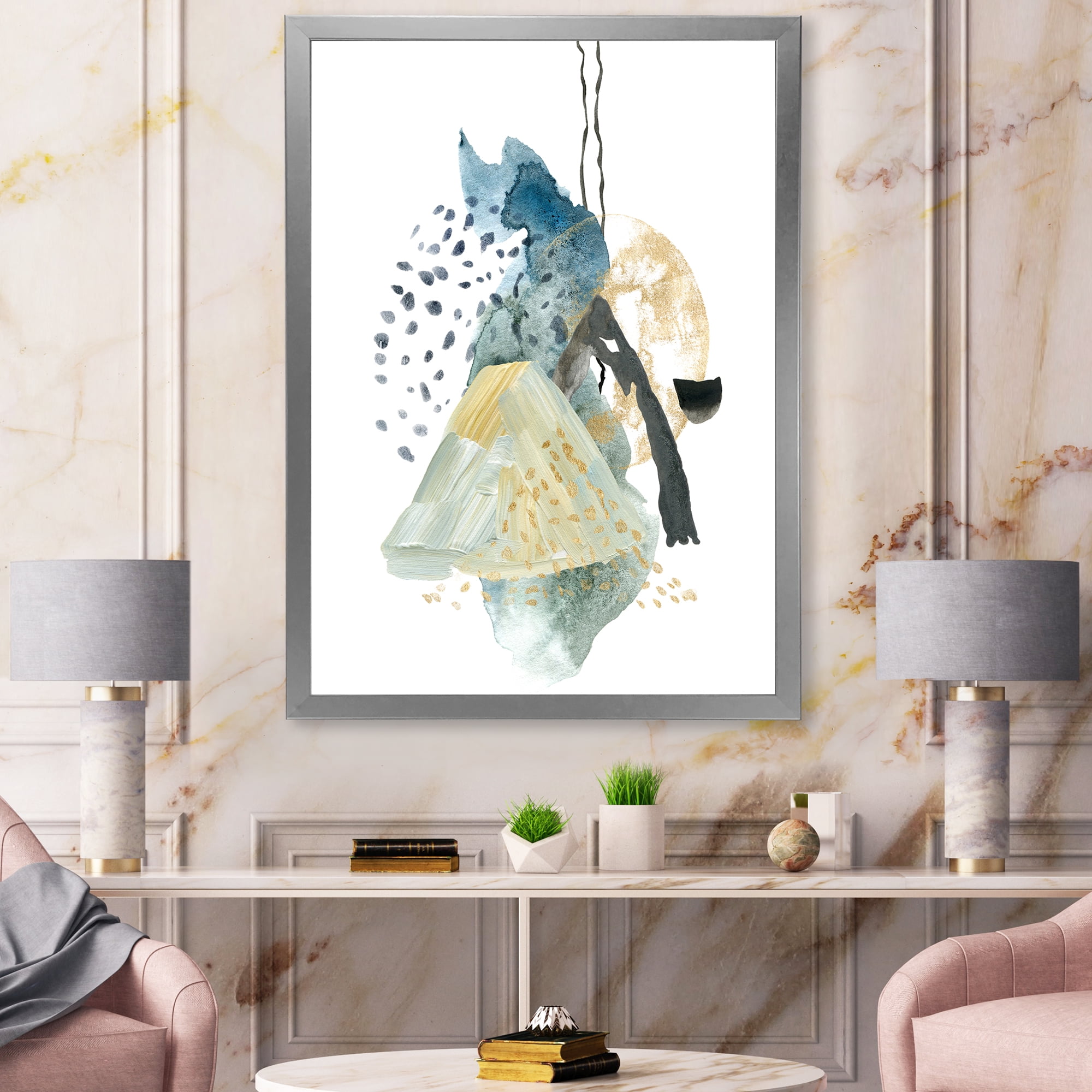 Designart 'Mountain Moon With Gouache Of Abstract Landscape' Modern Framed Art Print