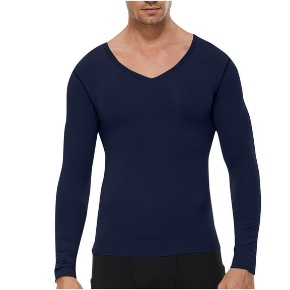 SSAAVKUY Men's Athletic Compression Shirt - V Neck Long Sleeve Workout Running Base Layer Tops Cool Dry T-Shirt Gym Undershirts Navy S