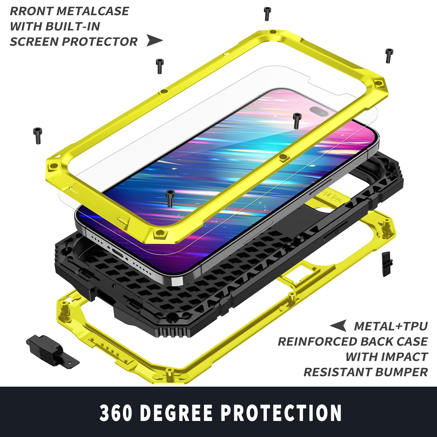 iPhone 14 Pro Max Rugged Full-Body Case, Metal Bumper Built-in Screen Protector&Kickstand,Dustproof and Drop-Proof,Full Body Protection Heavy Duty Rugged Military Cover For iPhone 14 Pro Max, Yellow
