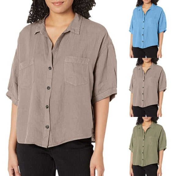 HAPIMO Women's Trendy Loose Cotton Lined Shirts Pocket for Teen Girls Solid Color Summer Tees Short Sleeve Lapel Button Shirts Casual Workout Blouses Army Green L