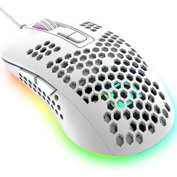 KUIYN 383 Ultralight Wired Gaming Mouse, Lightweight Honeycomb Shell, 4 RGB Breathing Backlit Mice, 4 Adjustable DPI 2400, USB Optical Computer Mice for Win10/XP/Xbox/PS4/PS5/Mac/Air/HP/Acer (White)