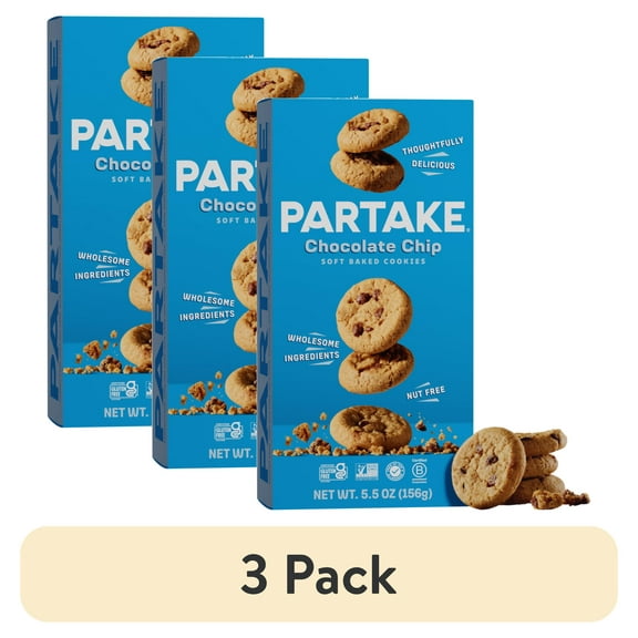 (3 pack) Partake Foods Soft Baked Chocolate Chip Cookies, Vegan & Gluten-Free, Shelf-Stable, Baked, 5.5 oz