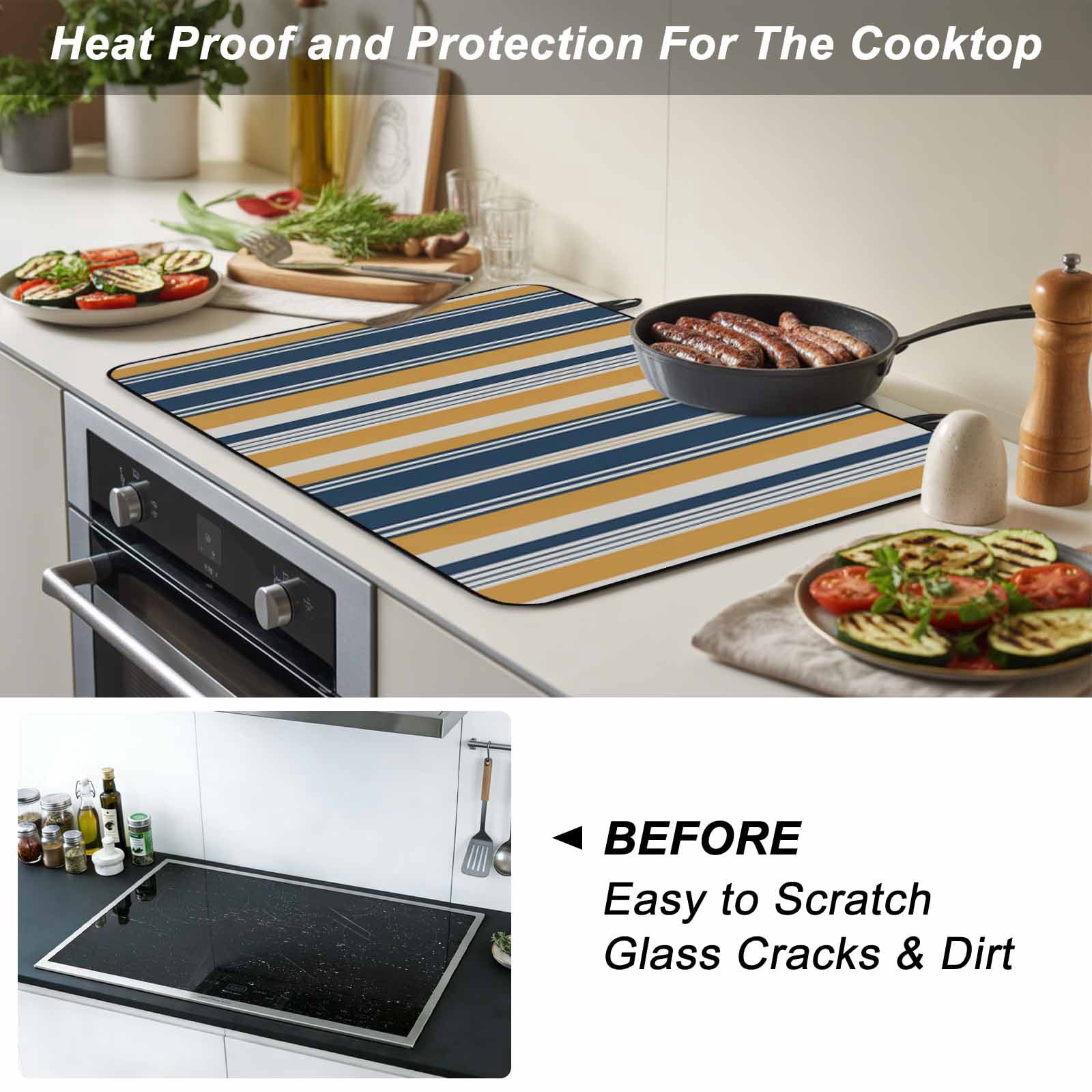 Blue Yellow Striped Stove Top Cover for Electric Stove, Heat-proof & Non Slip Glass Top Stove Cover Protector, Modern Stripes Art Kitchen Flat Cooktop Rubber Mat 24x21 Inches
