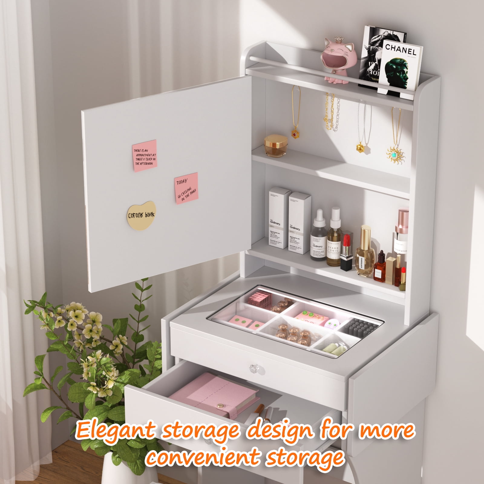 Mintazer Compact Vanity Desk with LED Mirror & Foldable Side Tables, Makeup Vanity Set with Tempered Glass Top & 2 Drawers and Stool, White