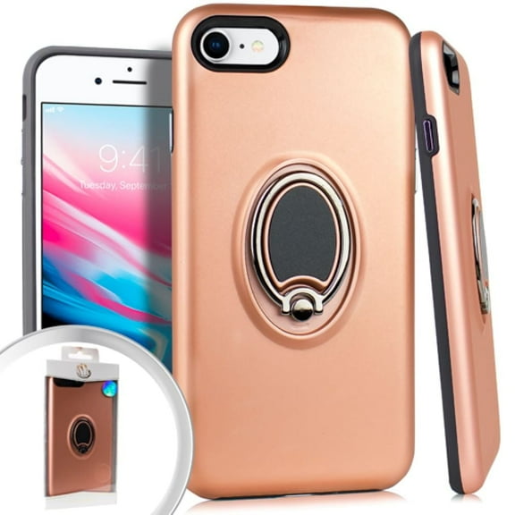 GSA Metallic Hybrid Case w/Magnet Ring Stand for iPhone SE (2022-20),8 & 7 Rose Gold