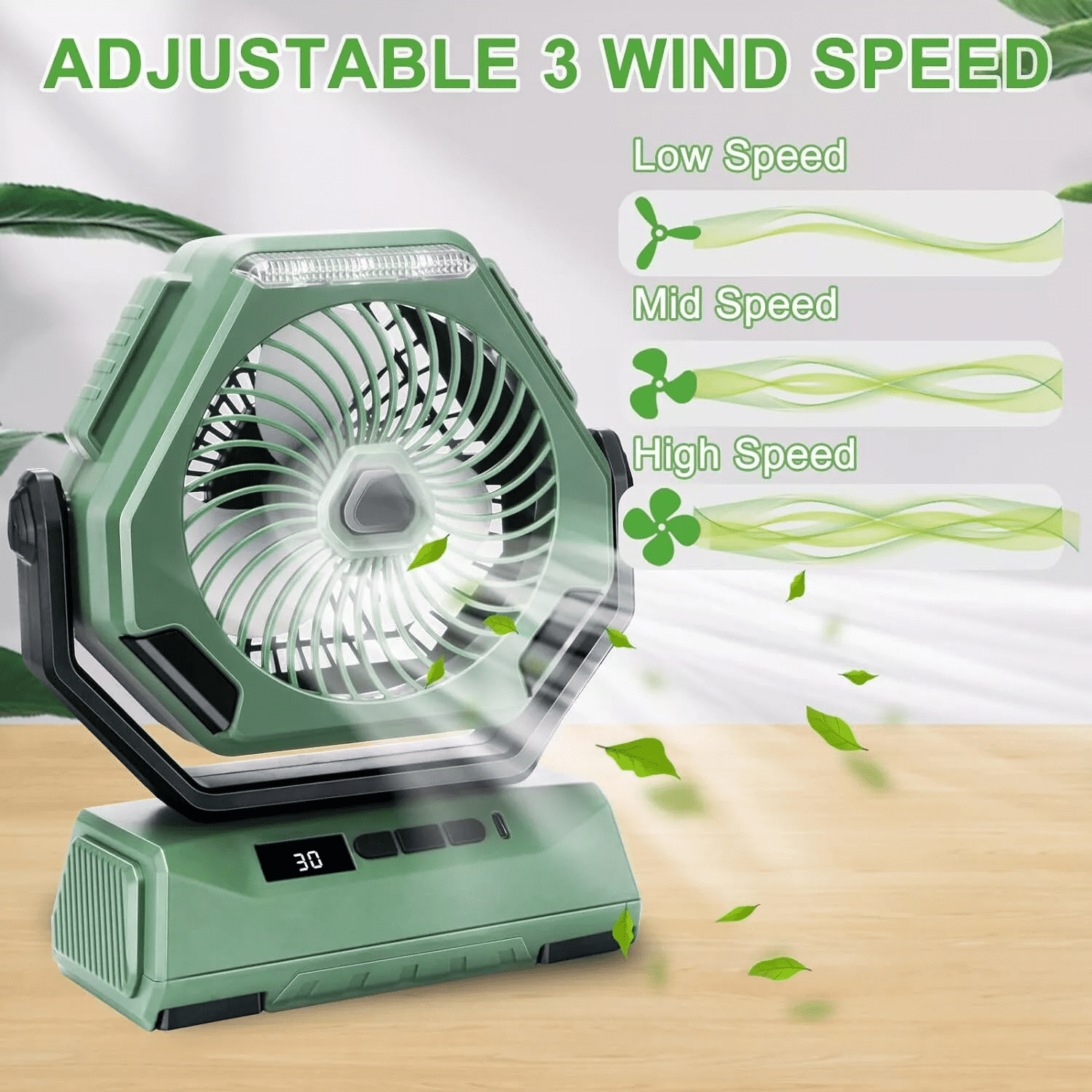 Fiuion 10400mAh Camping Fan with LED Lantern 3 Speed Rechargeable Tent Fan 270° Rotation Green