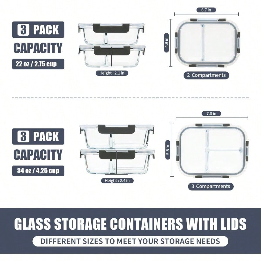 2 3 Compartment Meal Prep Containers Glass Food Storage Lunch Containers with Lids Bento Box Portion Control Freezer to Microwave Safe