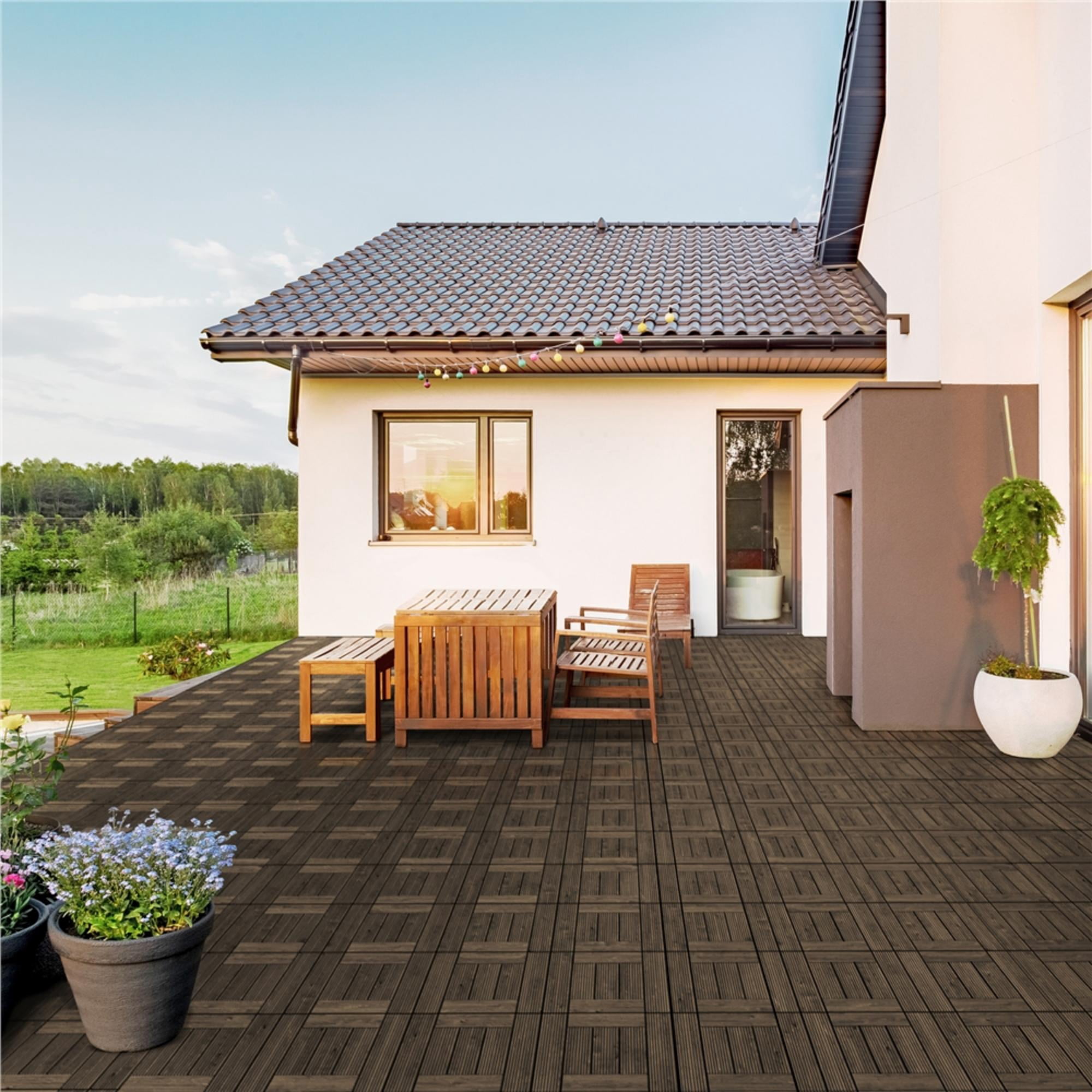 Renwick 27pcs Interlocking Fir Wooden Floor Tiles for Outdoor & Indoor, Black