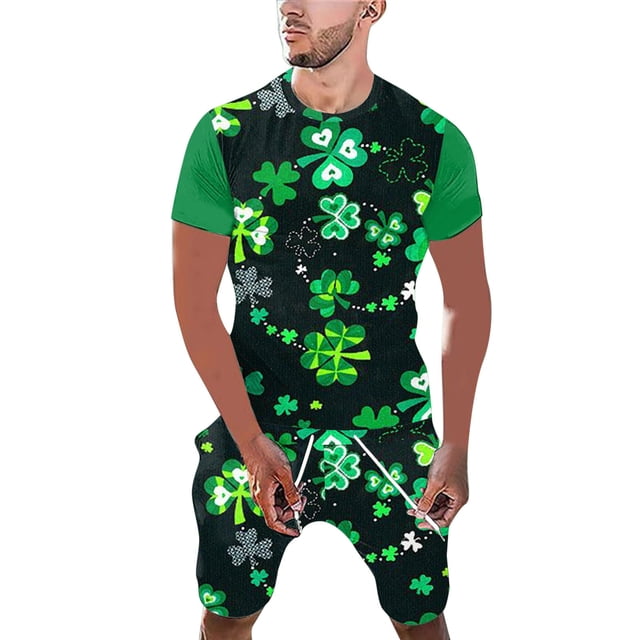 TSADFHJI Pyjama pour Hommes Ensemble Court Imprimé Jour de la Saint-Patrick Col Rond Manches Courtes Short Costume L Noir