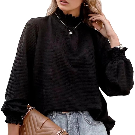 Women'S Elegant Long Lantern Sleeve Shirts High Neck Ruffle Blouse Pullover Black S