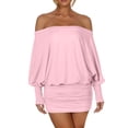 thumbnail image 4 of LWavelet Women's Off-the-Shoulder Batwing Sleeve Bodycon Mini Dress for Party & Club Wear Pink M, 4 of 5