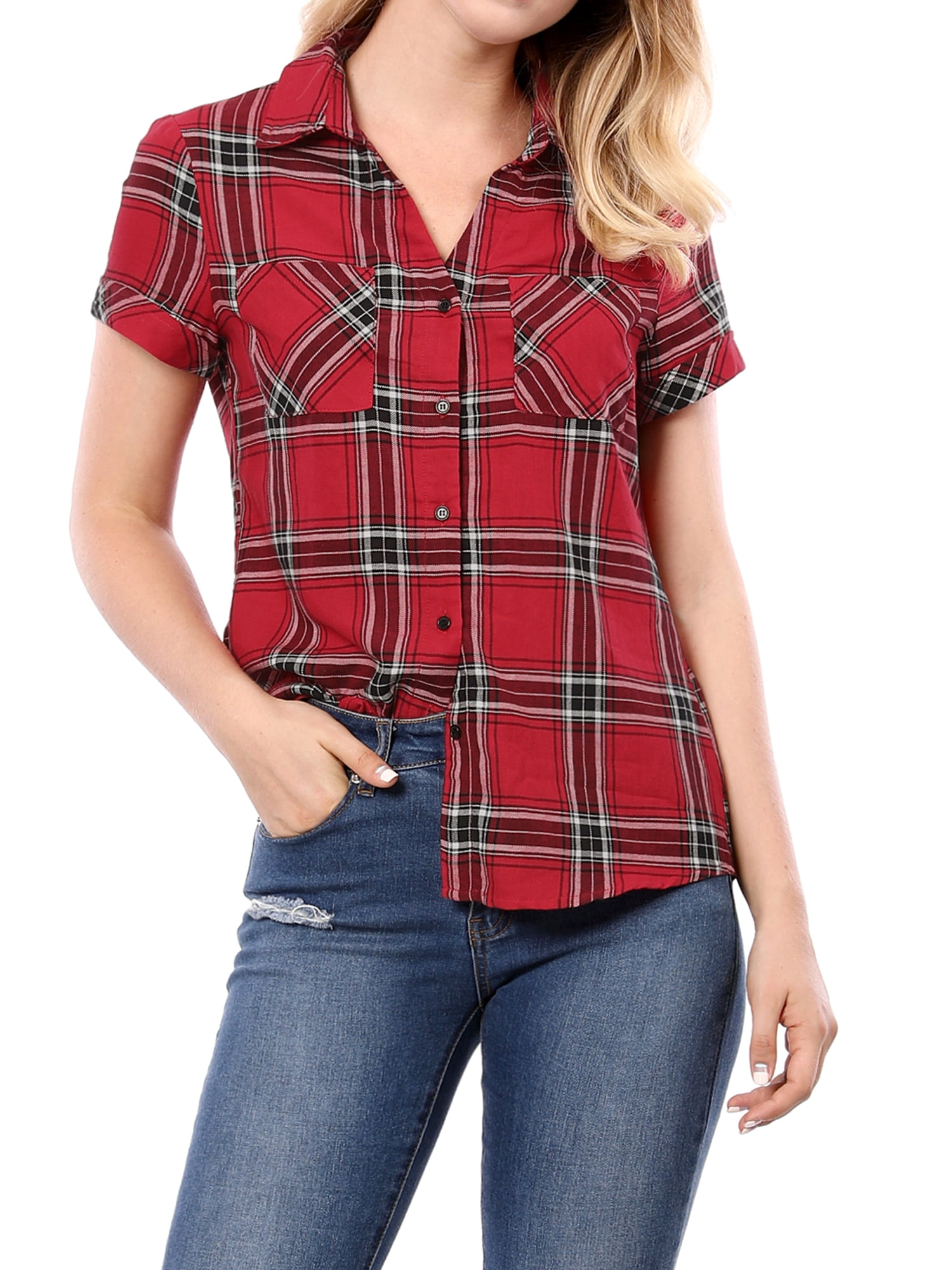DARING DIVA Women's Casual Boyfriend Plaid Button Down Flannel Shirt L Red
