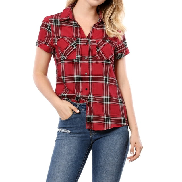 Camisas de cuadros para mujer INSPIRE CHIC con cuello de punta y botones 2XL rojas