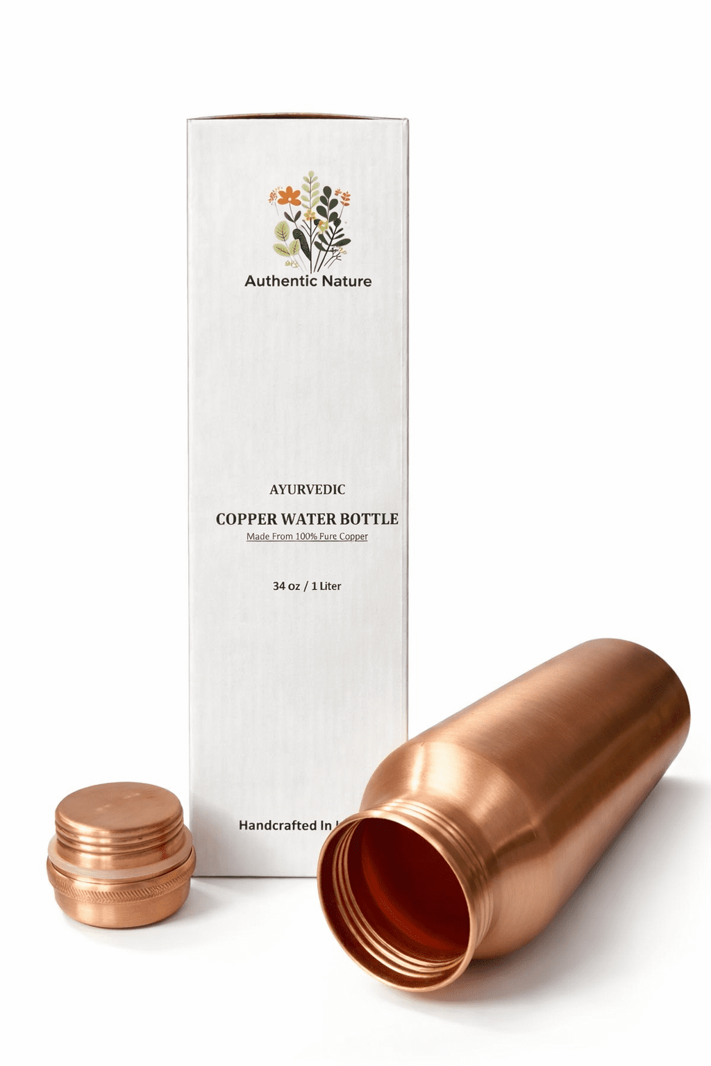 Authentic Nature Ayurvedic Copper Water Bottle, Pure Copper, 1 Litre/34 Oz, Plain, With Health Benefits, Handcrafted in India
