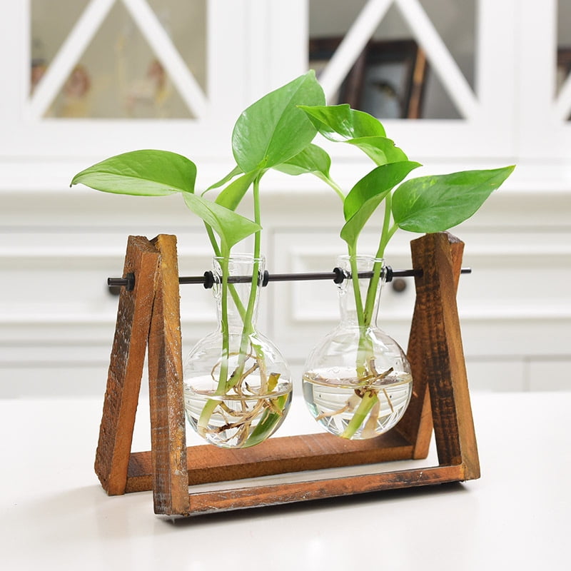 A Yukuai ❥ Desk Bulb Glass Terrarium Wooden Stand Hydroponic Flower Vases Pots Planter Bulb Vase with Holder for Home Decoration Modern Creative Plant Terrarium Stand Container