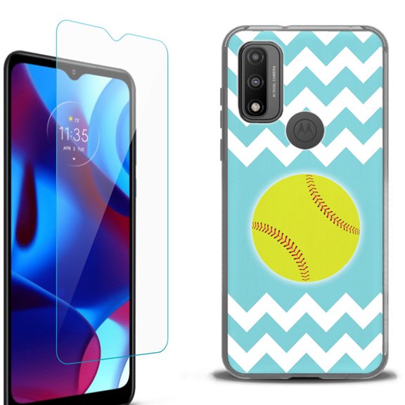 Slim-Fit Protective Phone Case (Black) compatible with Motorola Moto G Pure 5G, with Tempered Glass Screen Protector, by OneToughShield ® - Chevron/Softball