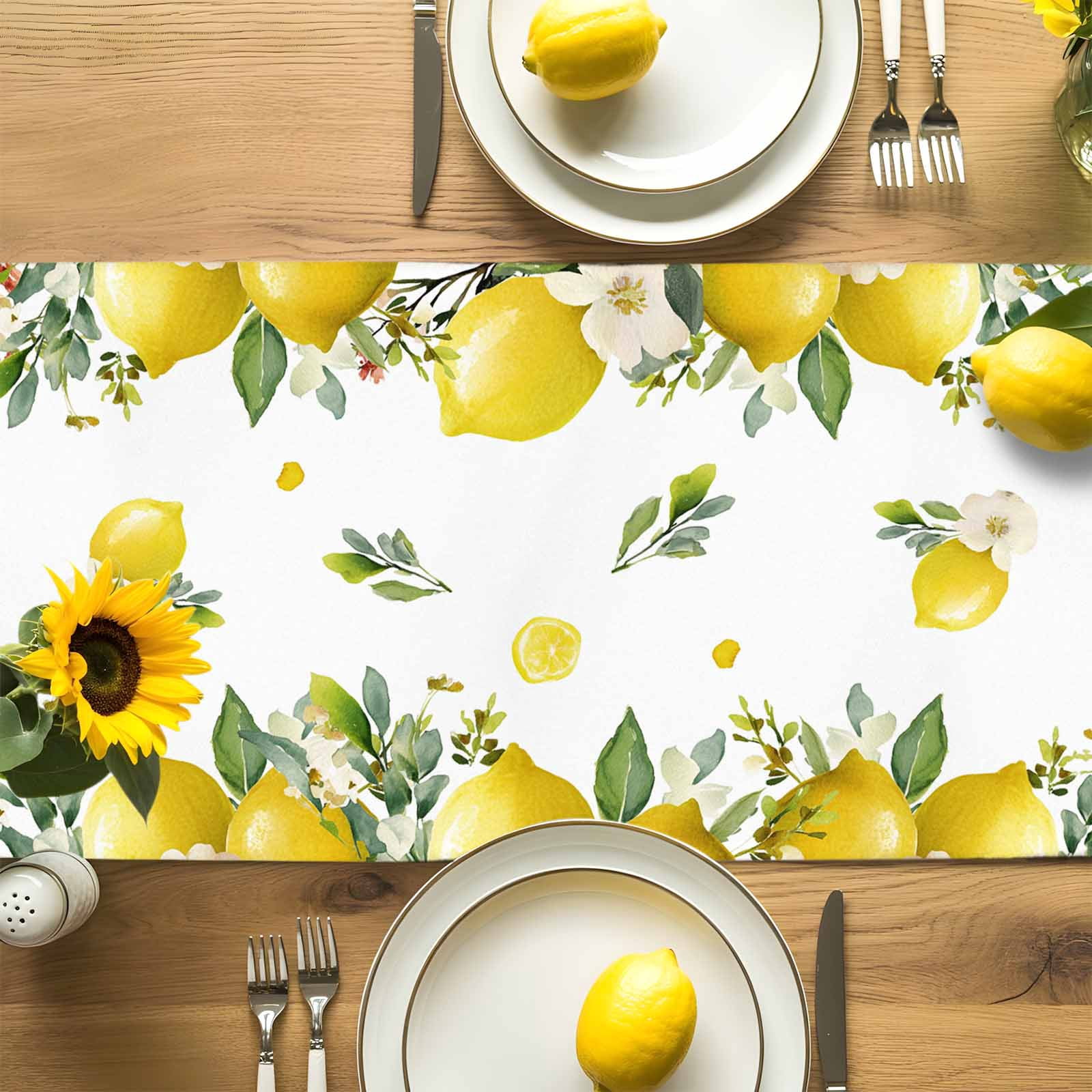 Watercolor Lemon Green Leaves Flower Table Runner 90 Inches Long, Farm Harvest Table Runners Tabletop Scarf Kitchen Dining Tables Decoration for Home Party Indoor Outdoor