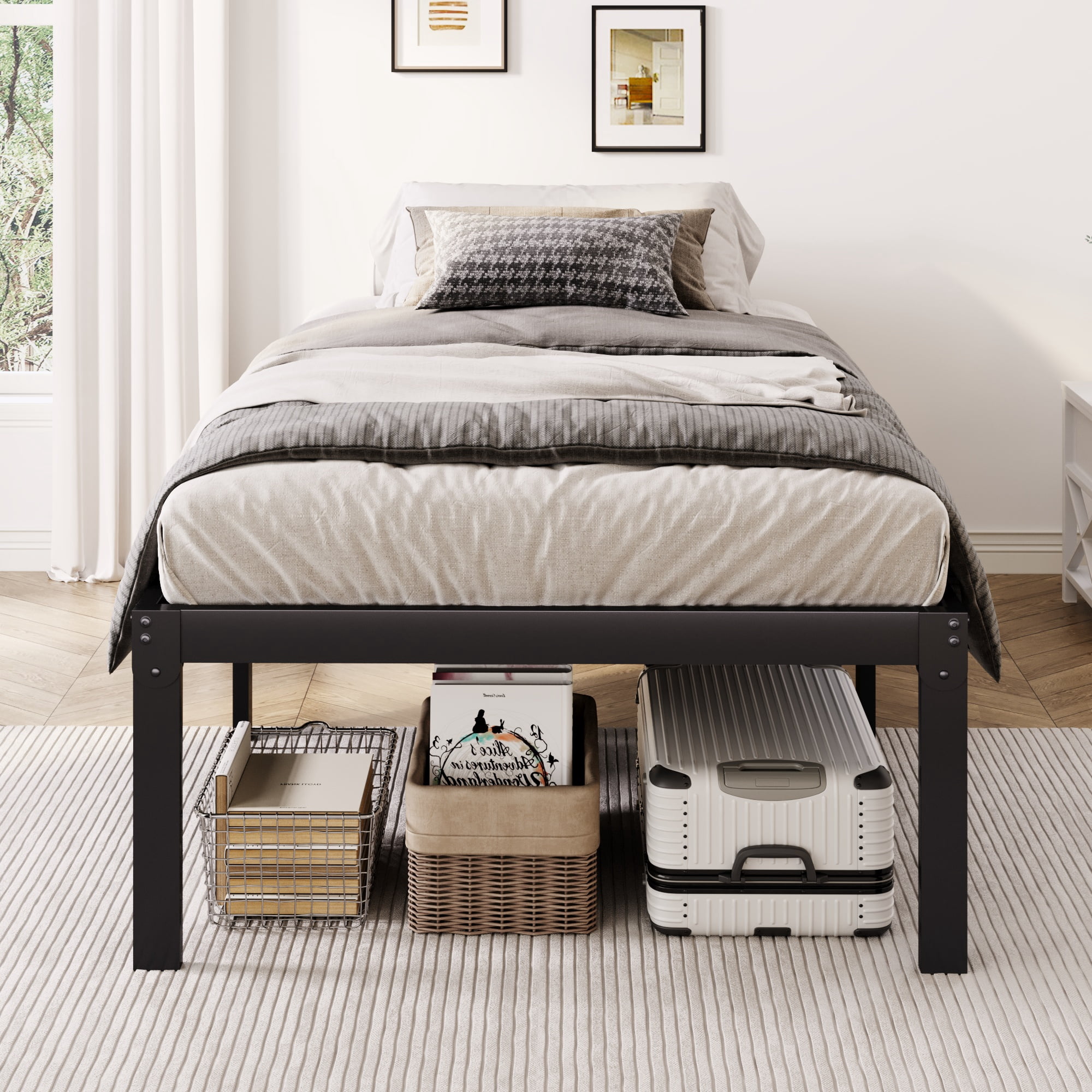 Merrland 18" Twin Size Metal Platform Bed Frame, Heavy-Duty, Ample Under-Bed Storage, No Box Spring Needed, Black