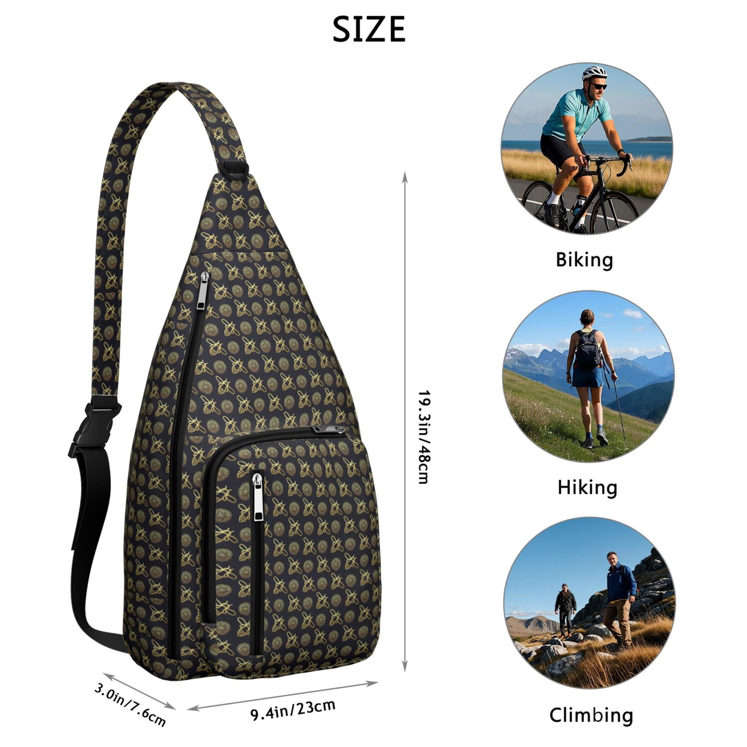 Cute Bee Print Sling Backpack – Colorful Cartoon Honeycomb & Floral Crossbody Bag for Travel & Hiking