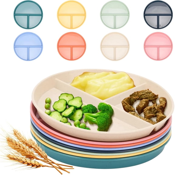 9 inch Unbreakable Divided Plates, 8-Pack 3-Compartment Portion Control Plates, Microwave & Dishwasher Safe, BPA-Free, Durable Dinnerware