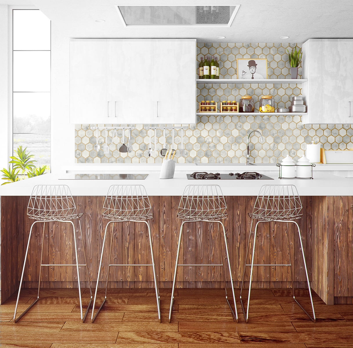 NextWall  Inlay Hexagon Peel and Stick Wallpaper Alaska Grey & Metallic Gold